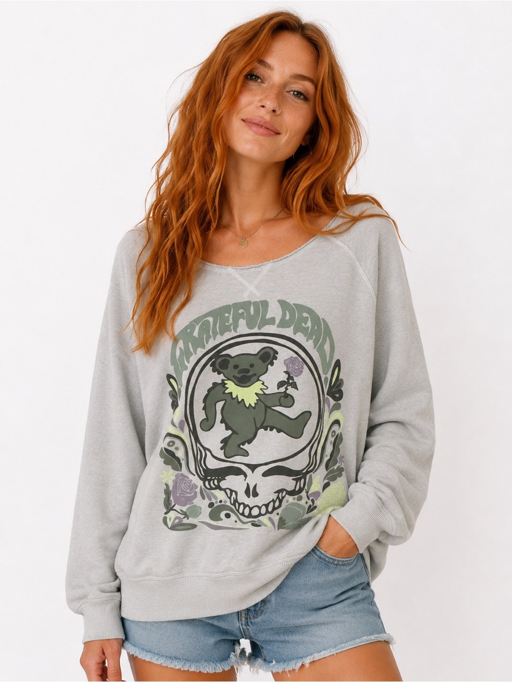 American Eagle Grateful Dead Bear Skull Sweatshirt XS Gray Lived-In Raw Edge